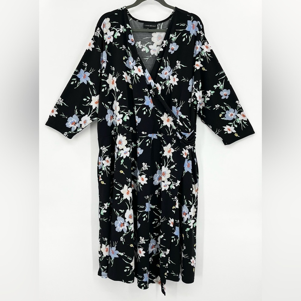 Lane Bryant Black Floral Faux Wrap Stretch Knit Dress 26/28